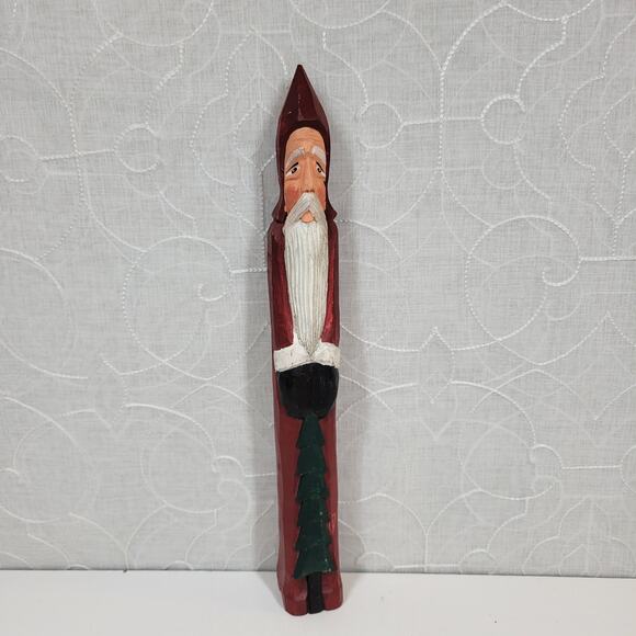 Vintage Folk Art Pencil Santa 13" Red Green Christmas Tree Carved Wood 1975 - Picture 2 of 16